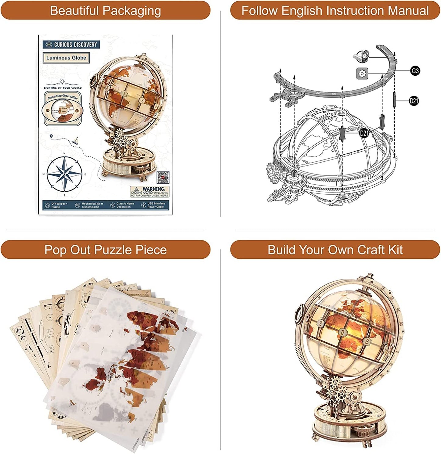 The Globe - Luminous Wooden 3D Model Globe